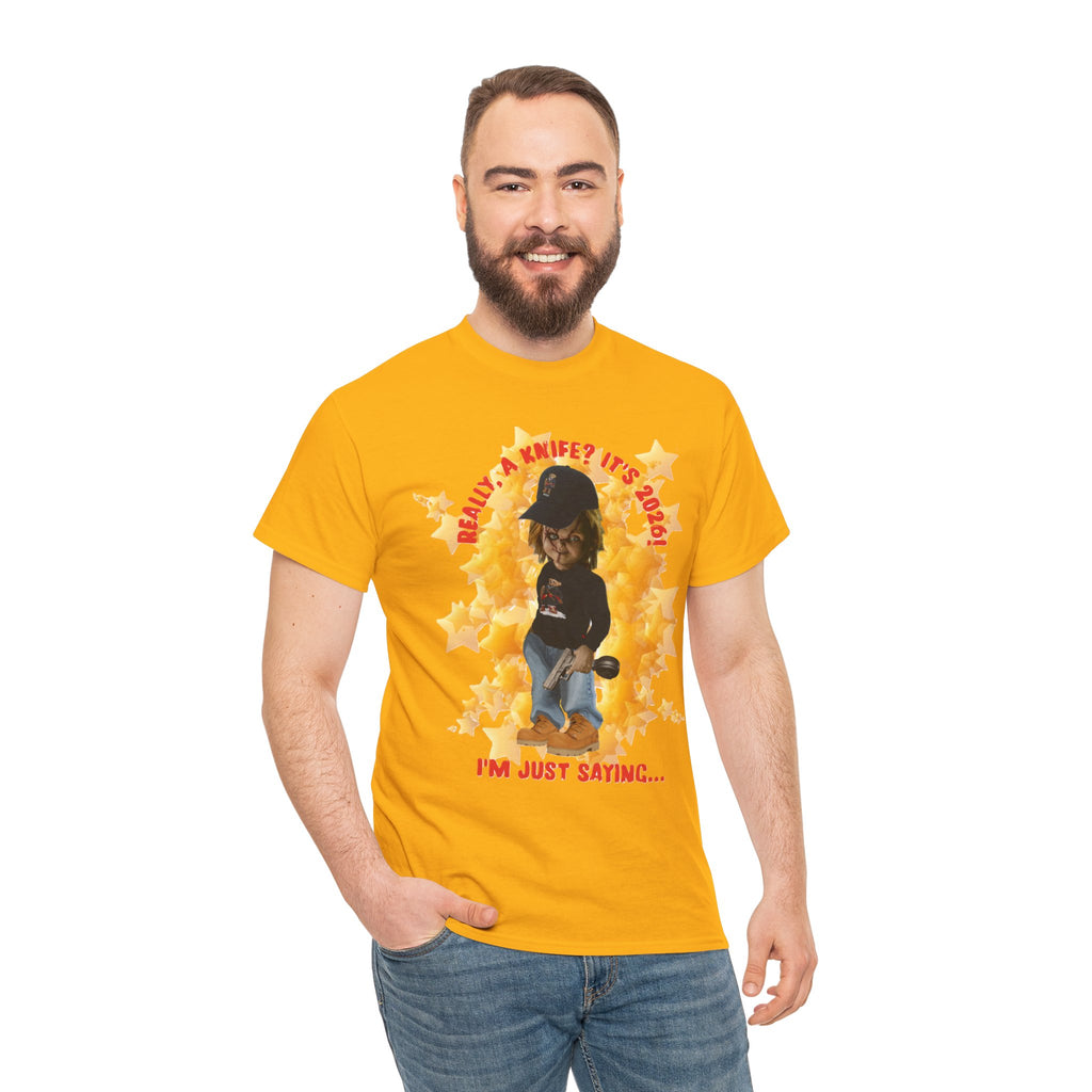 Bad Boy Collection  Graphic Tee — "Really, A Knife? It's Hot" Funny Vintage Doll Design