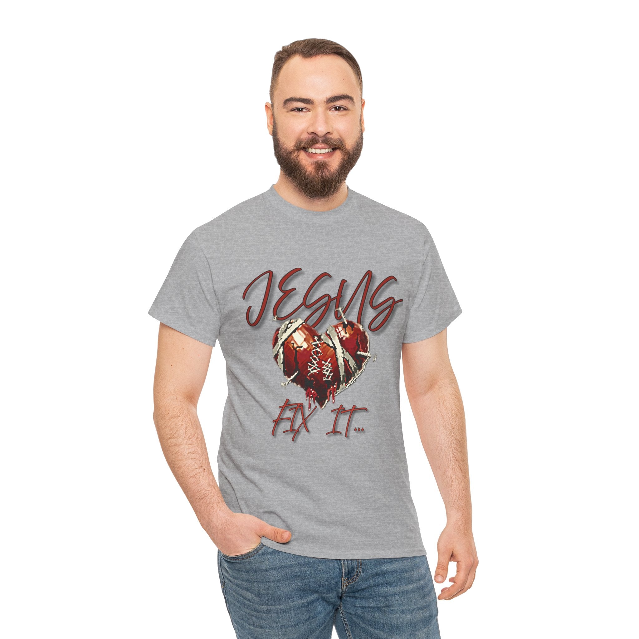 T‑Shirt — “Jesus Fix It” Heart & Football Graphic Tee