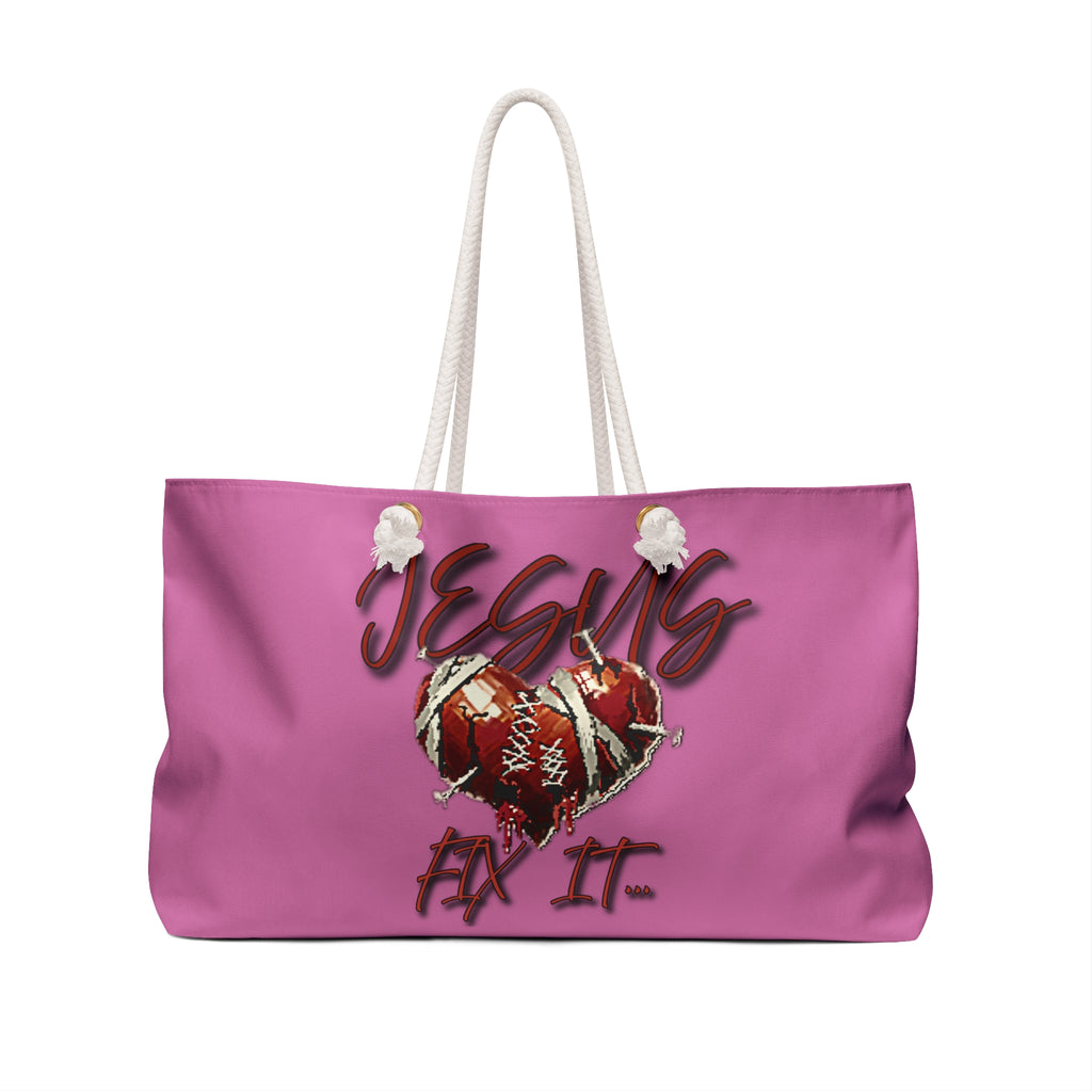 Weekender Bag — "Jesus Fix It" Pink Heart Devotional Travel Tote