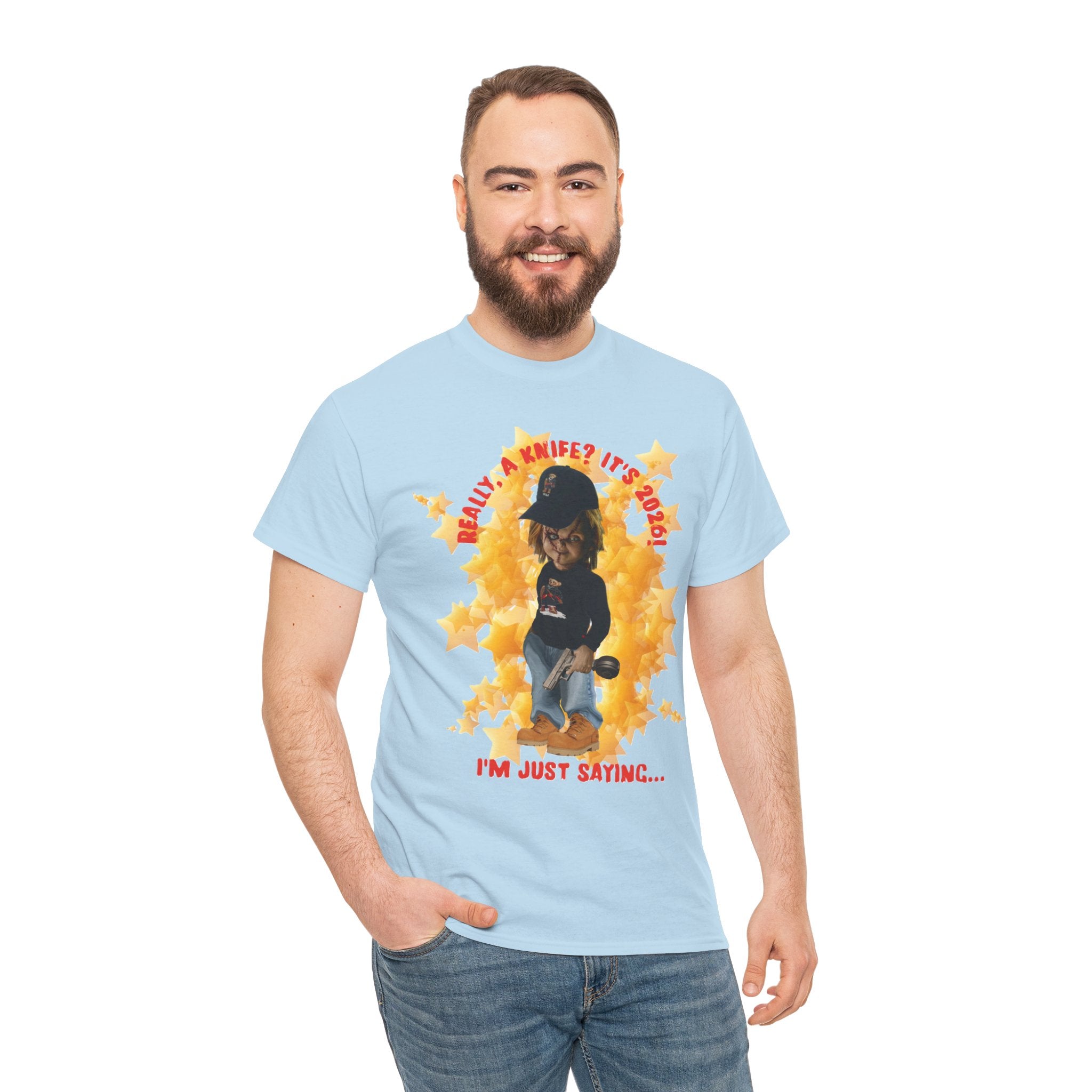 Bad Boy Collection  Graphic Tee — "Really, A Knife? It's Hot" Funny Vintage Doll Design