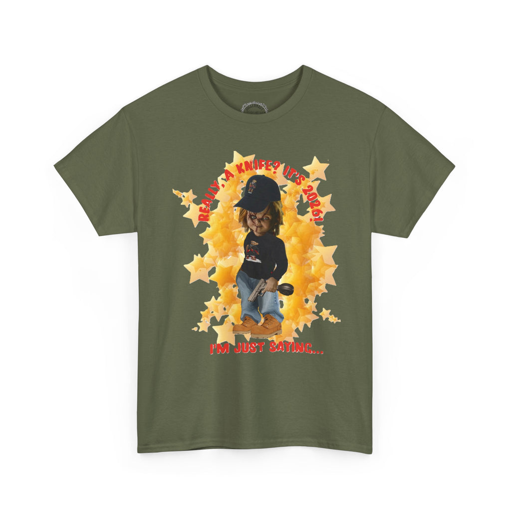 Bad Boy Collection  Graphic Tee — "Really, A Knife? It's Hot" Funny Vintage Doll Design