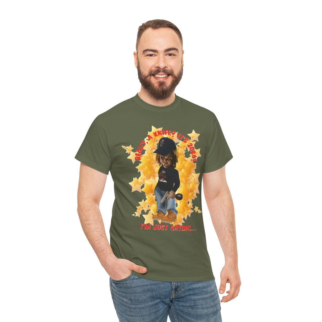 Bad Boy Collection  Graphic Tee — "Really, A Knife? It's Hot" Funny Vintage Doll Design
