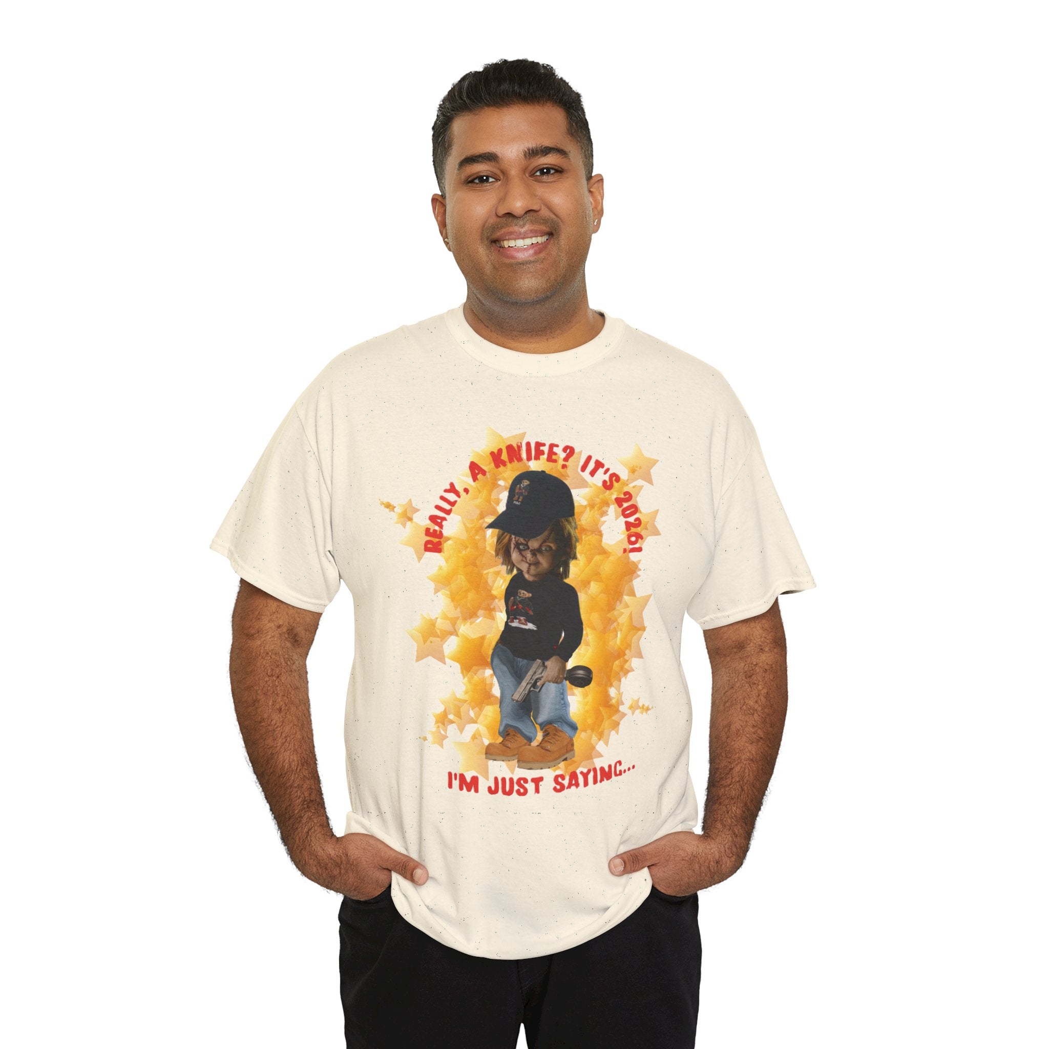 Bad Boy Collection  Graphic Tee — "Really, A Knife? It's Hot" Funny Vintage Doll Design