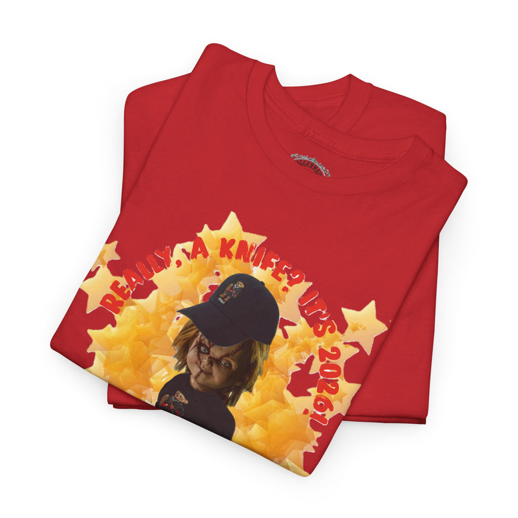 Bad Boy Collection  Graphic Tee — "Really, A Knife? It's Hot" Funny Vintage Doll Design