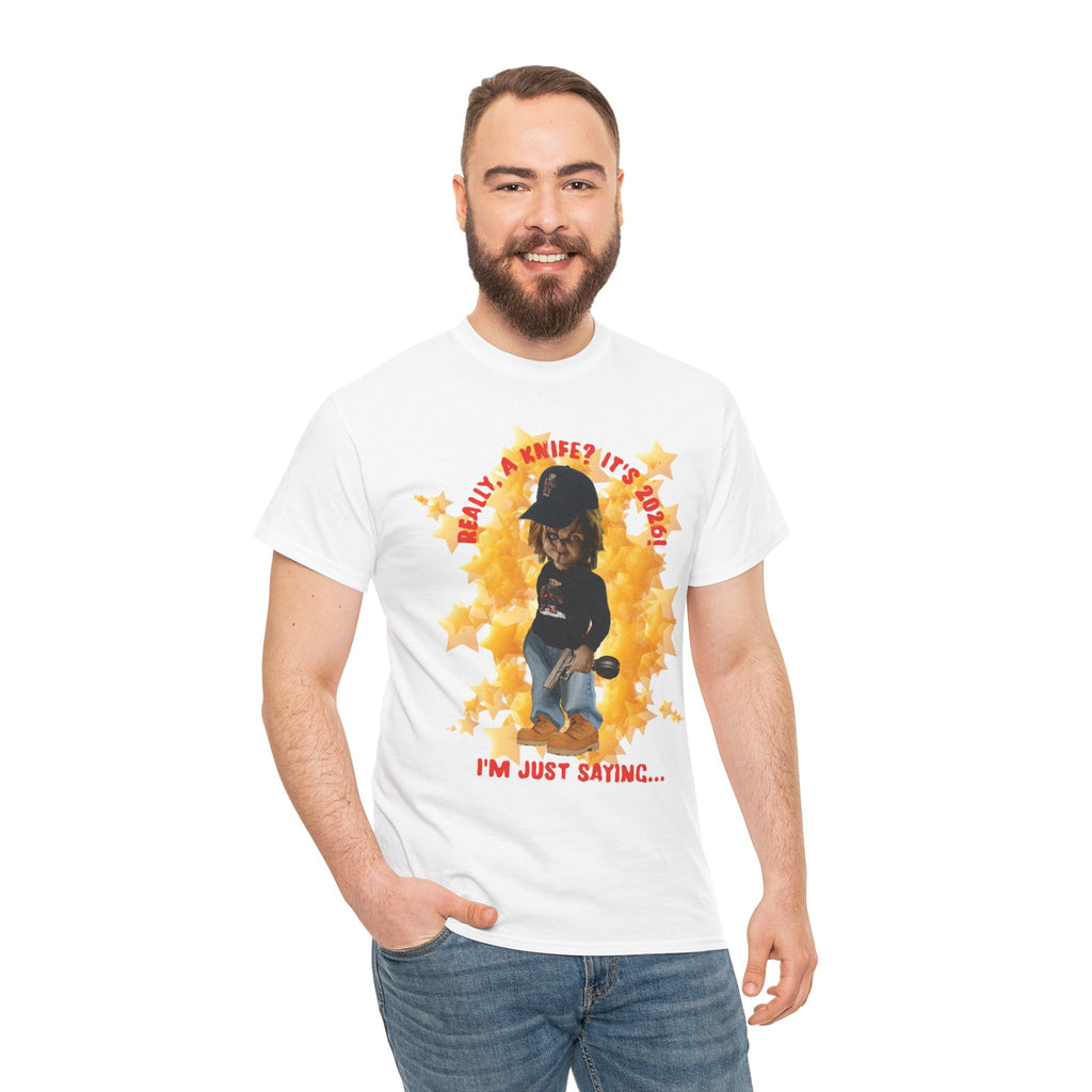Bad Boy Collection  Graphic Tee — "Really, A Knife? It's Hot" Funny Vintage Doll Design