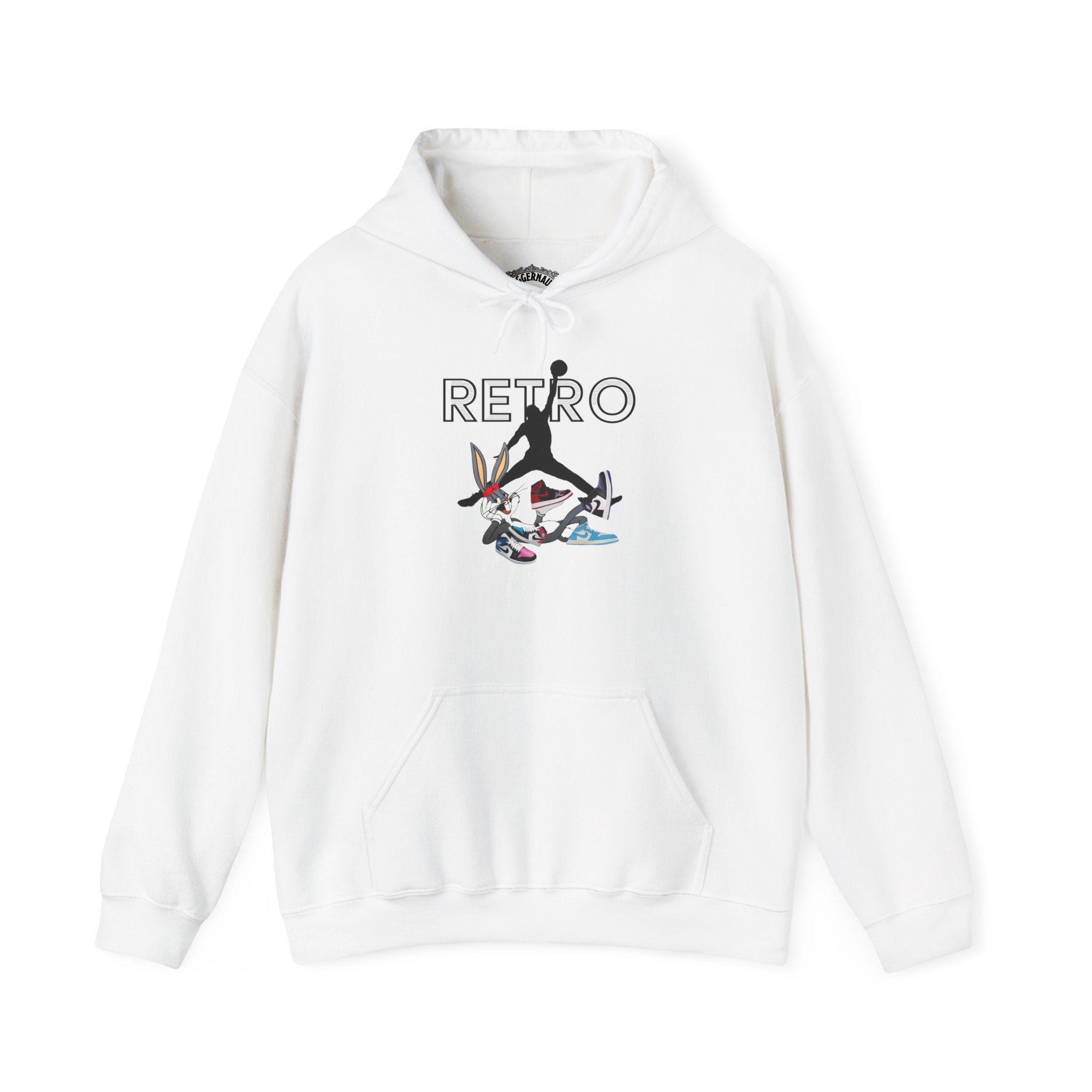 Retro Sneaker Hoodie — "RETRO" Graphic Pullover with Vintage Cartoon Collage