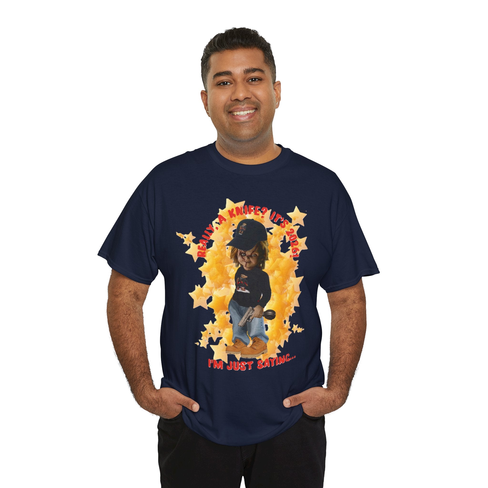 Bad Boy Collection  Graphic Tee — "Really, A Knife? It's Hot" Funny Vintage Doll Design