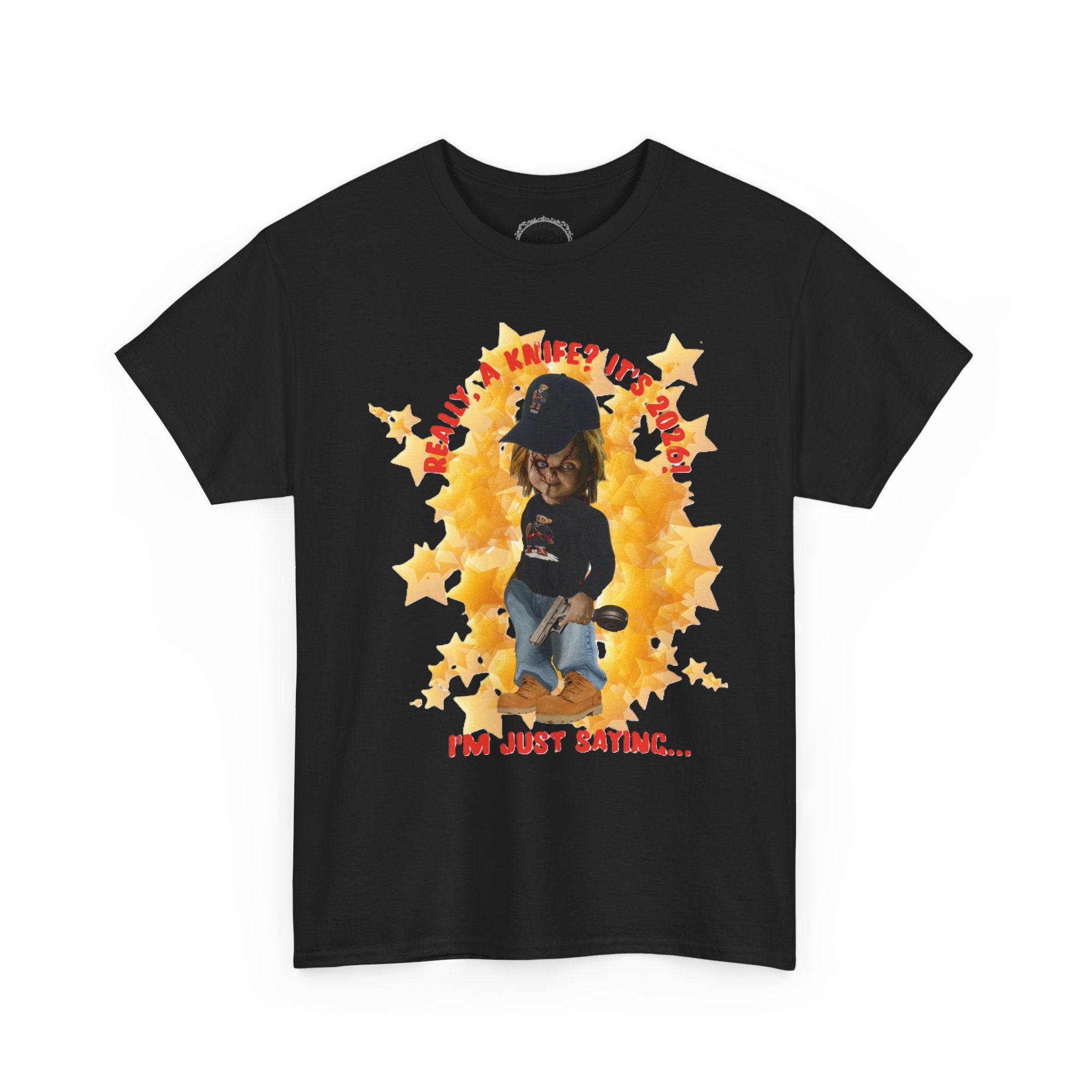 Bad Boy Collection  Graphic Tee — "Really, A Knife? It's Hot" Funny Vintage Doll Design