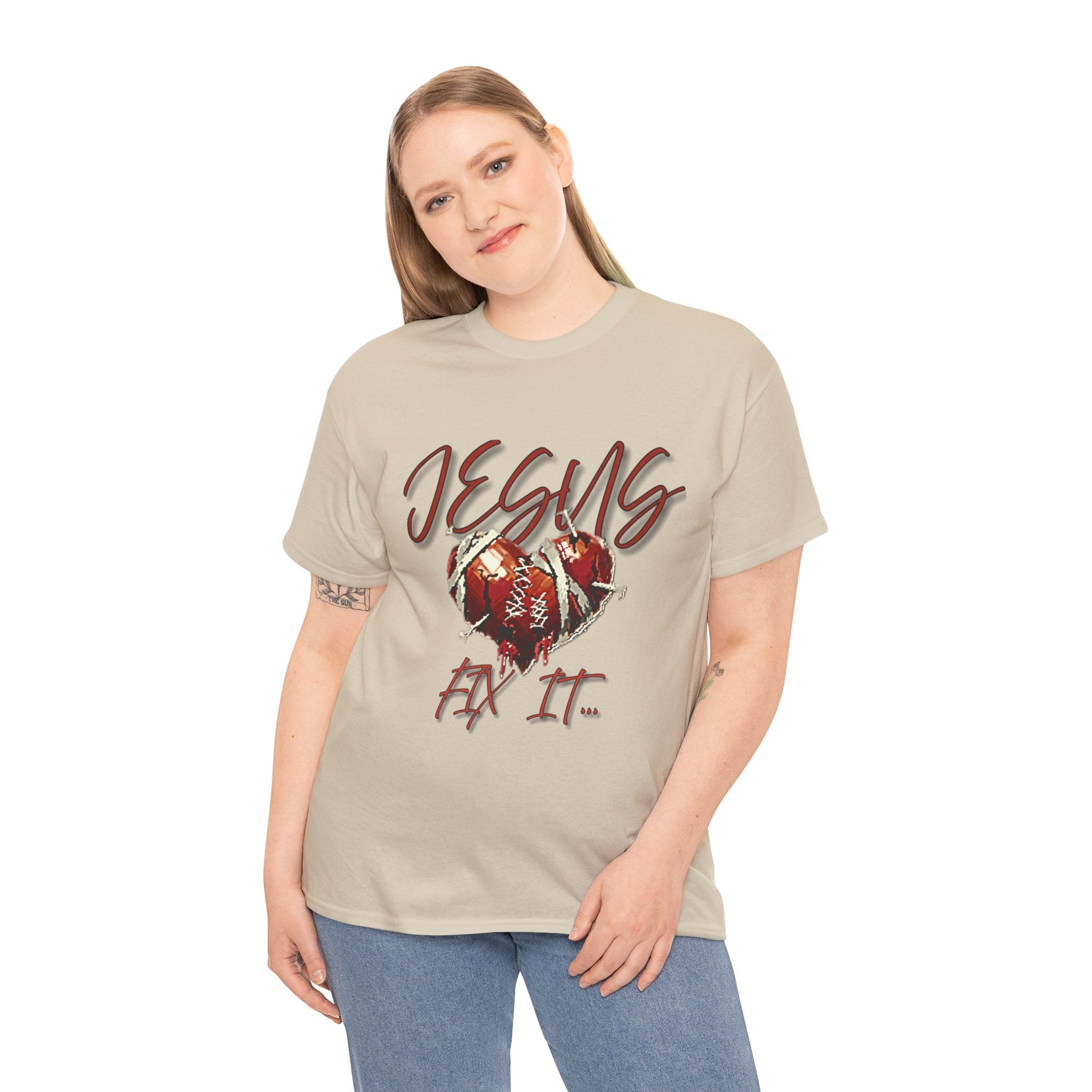 T‑Shirt — “Jesus Fix It” Heart & Football Graphic Tee