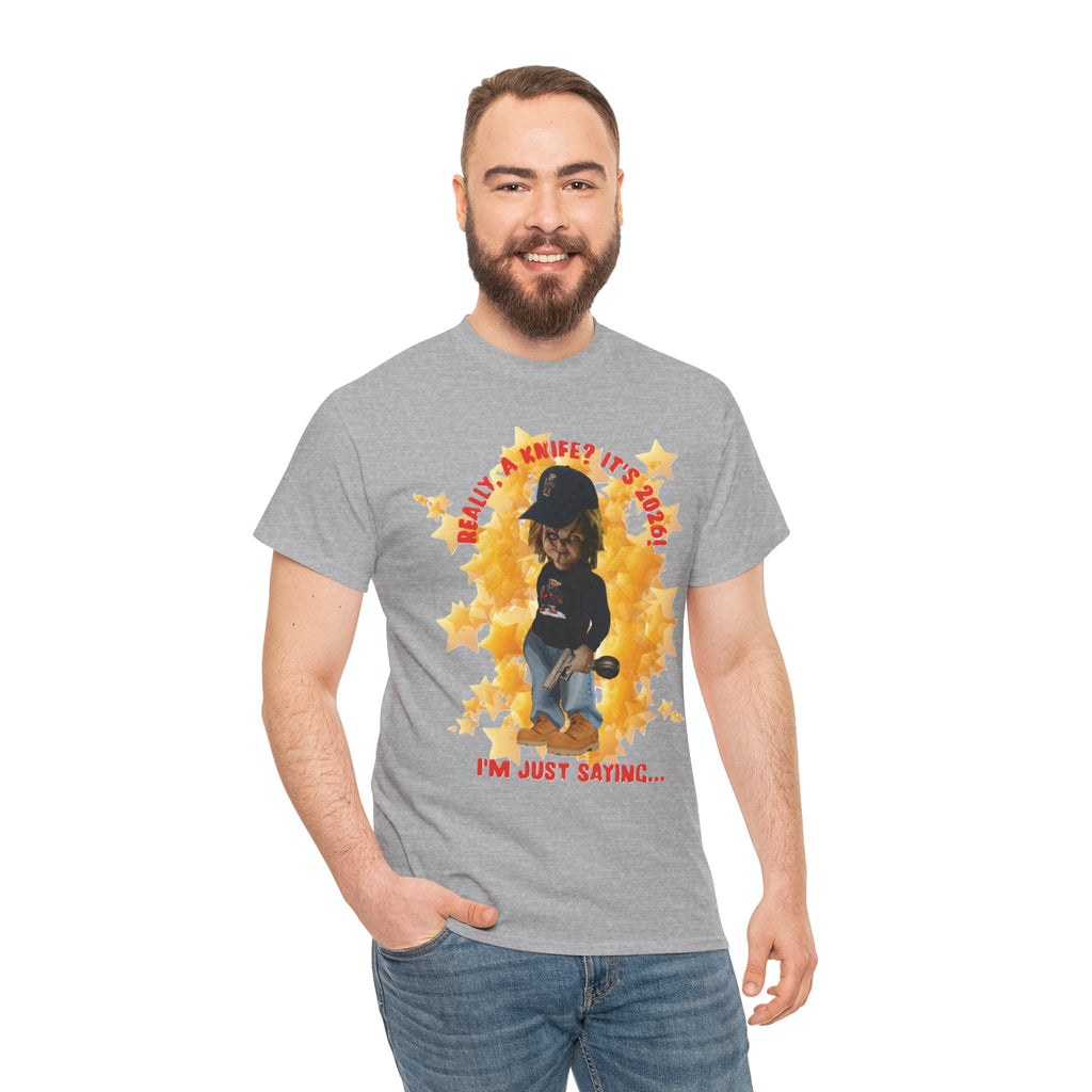 Bad Boy Collection  Graphic Tee — "Really, A Knife? It's Hot" Funny Vintage Doll Design