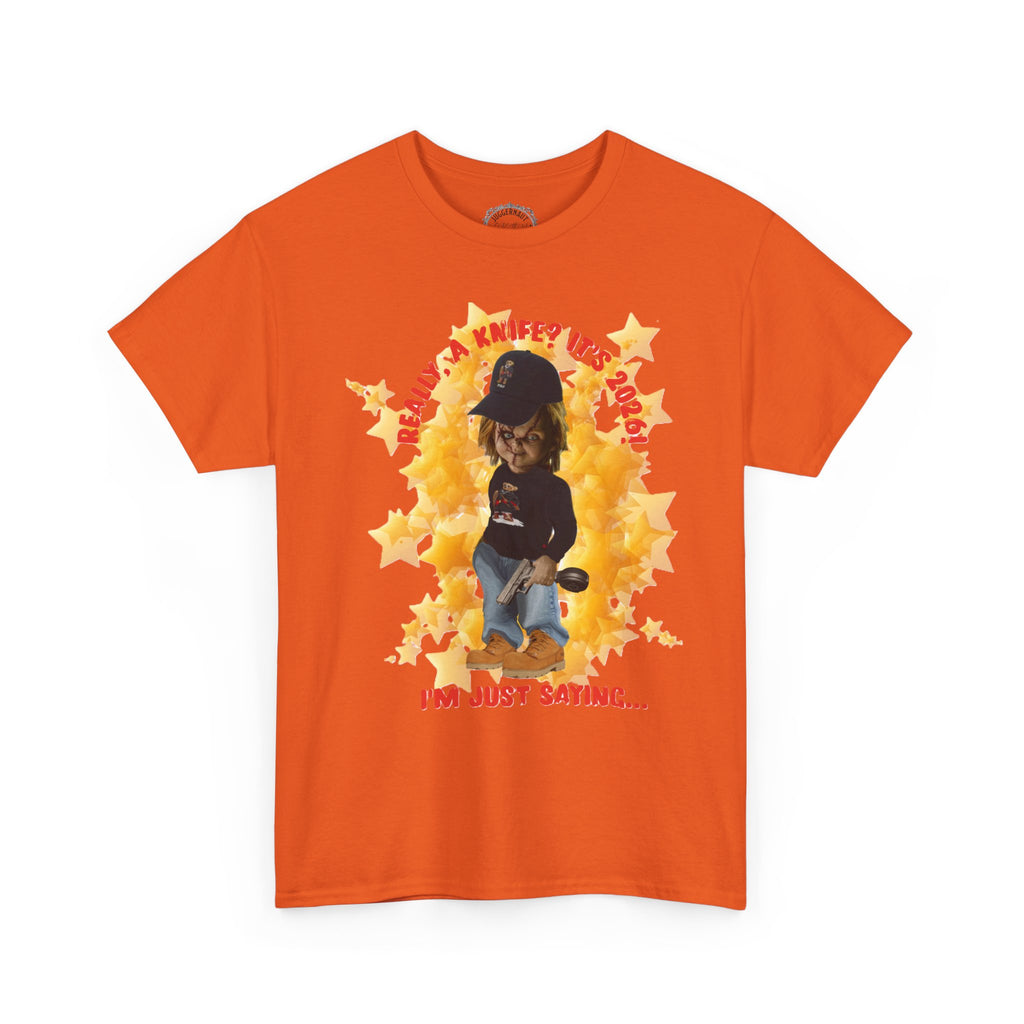 Bad Boy Collection  Graphic Tee — "Really, A Knife? It's Hot" Funny Vintage Doll Design