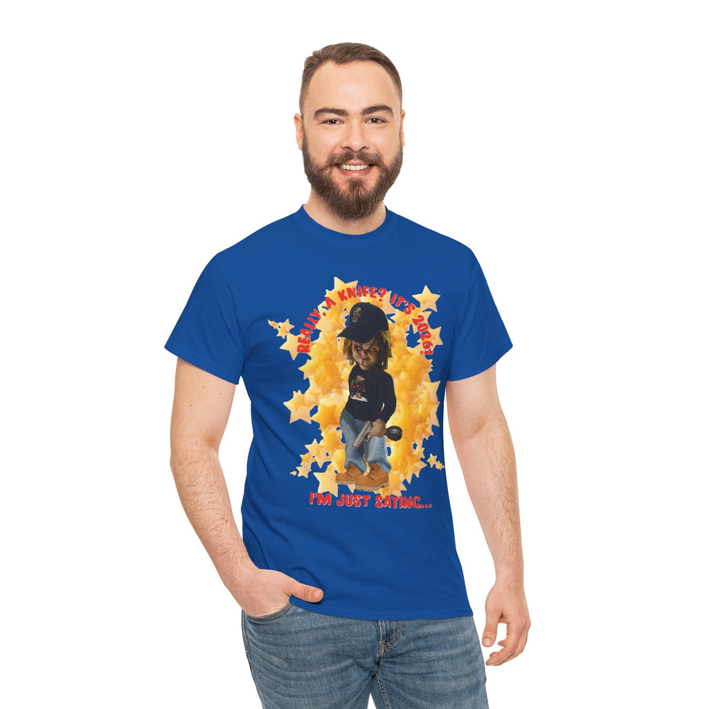 Bad Boy Collection  Graphic Tee — "Really, A Knife? It's Hot" Funny Vintage Doll Design