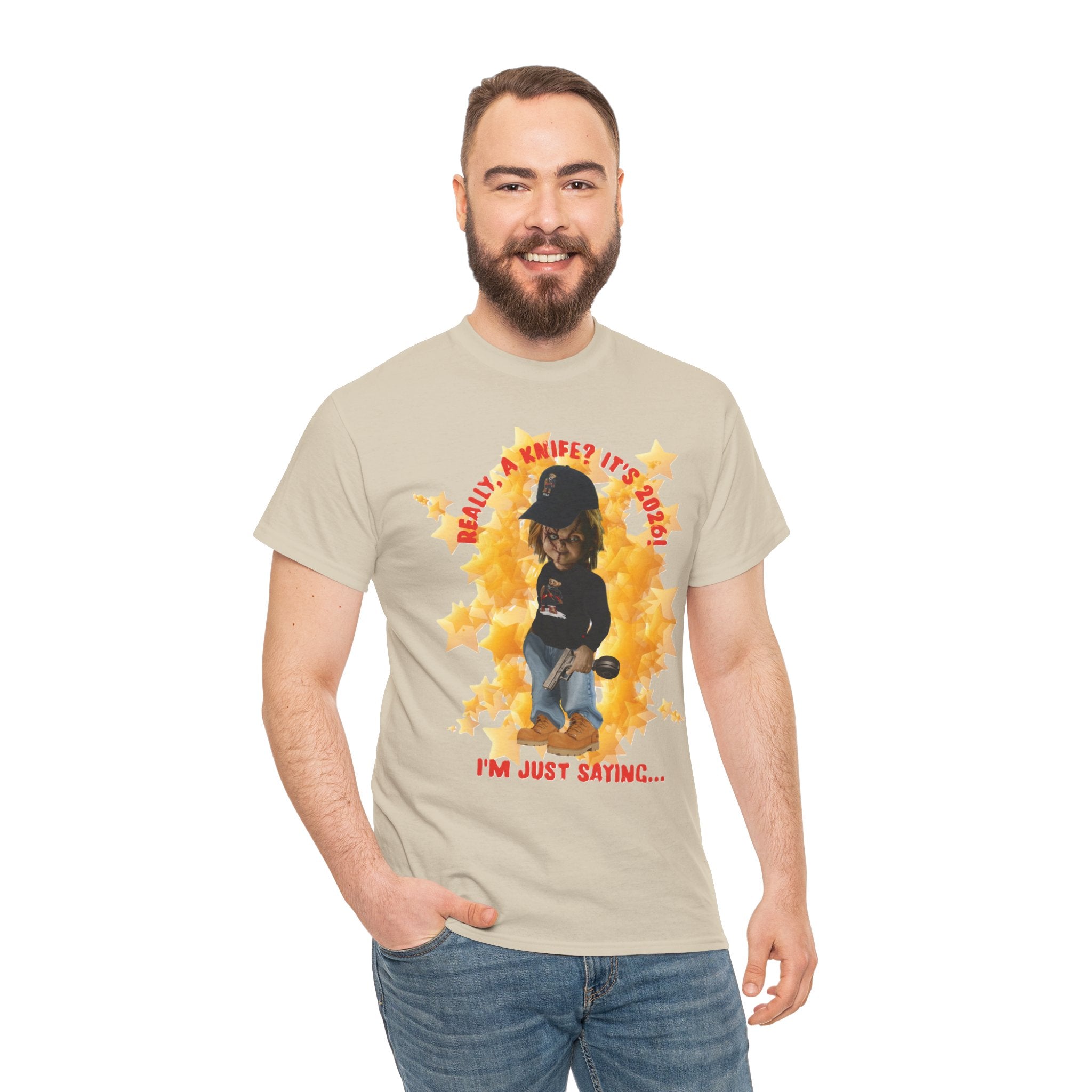 Bad Boy Collection  Graphic Tee — "Really, A Knife? It's Hot" Funny Vintage Doll Design