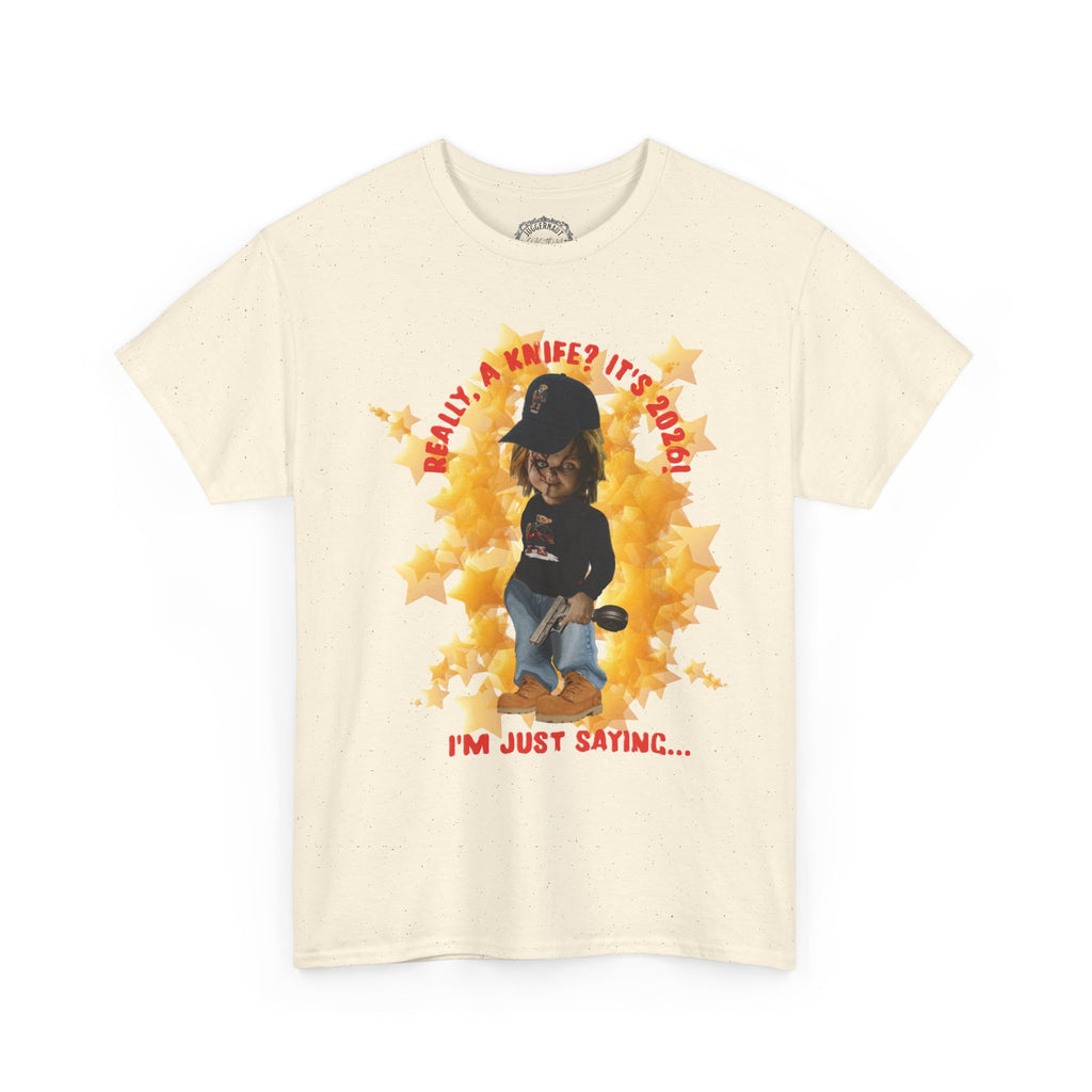 Bad Boy Collection  Graphic Tee — "Really, A Knife? It's Hot" Funny Vintage Doll Design