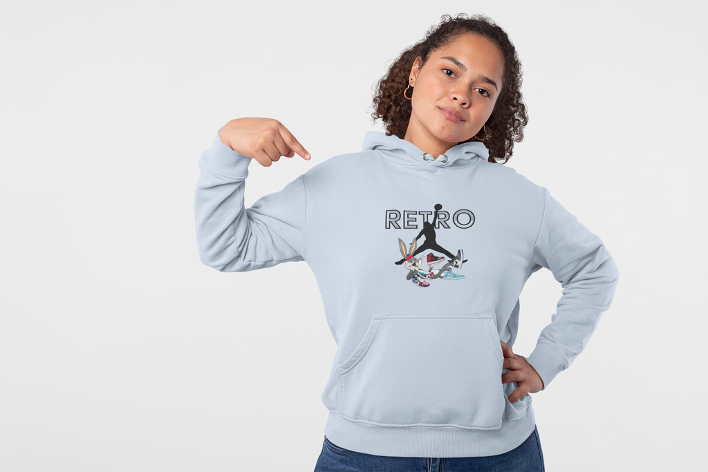 Retro Sneaker Hoodie — "RETRO" Graphic Pullover with Vintage Cartoon Collage