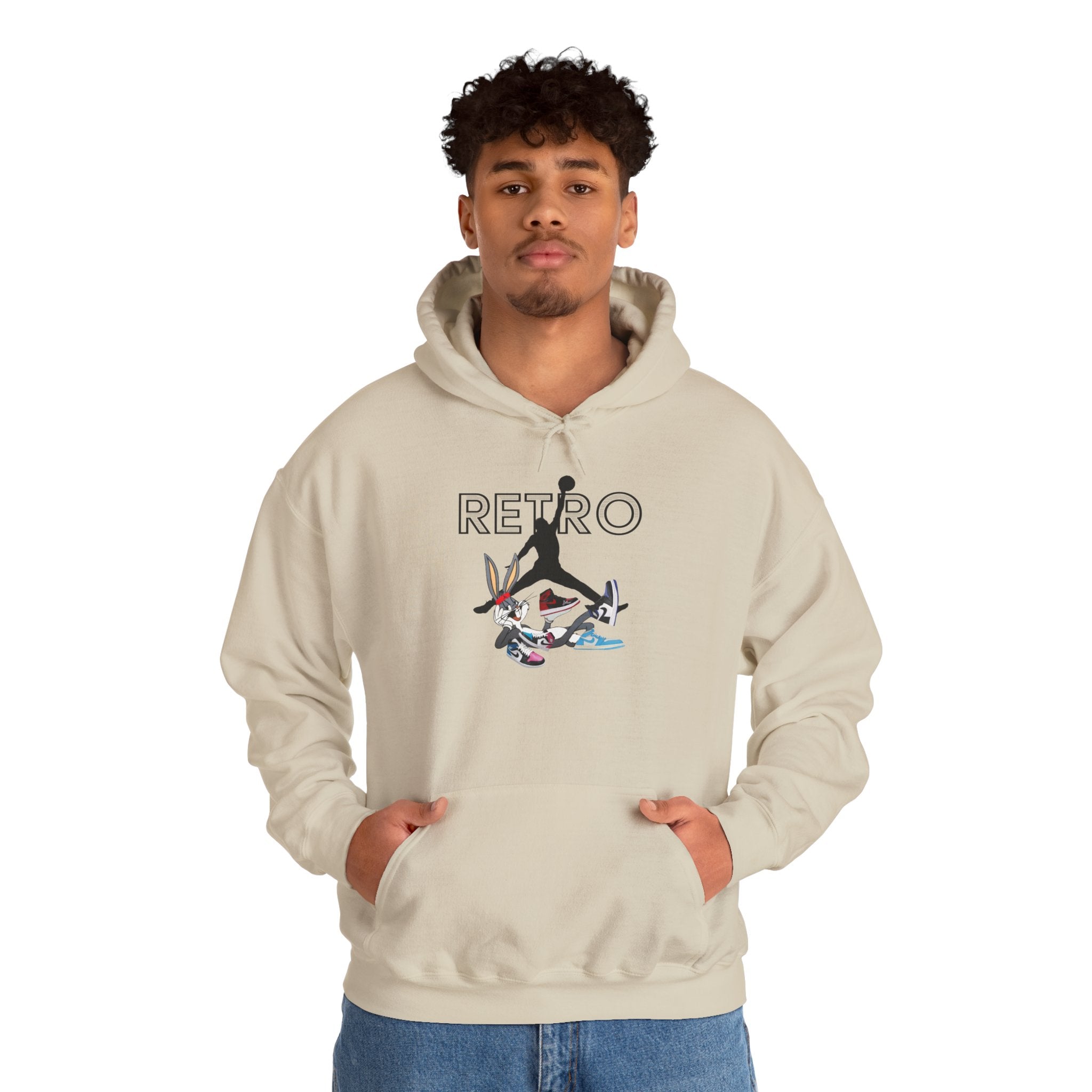 Retro Sneaker Hoodie — "RETRO" Graphic Pullover with Vintage Cartoon Collage