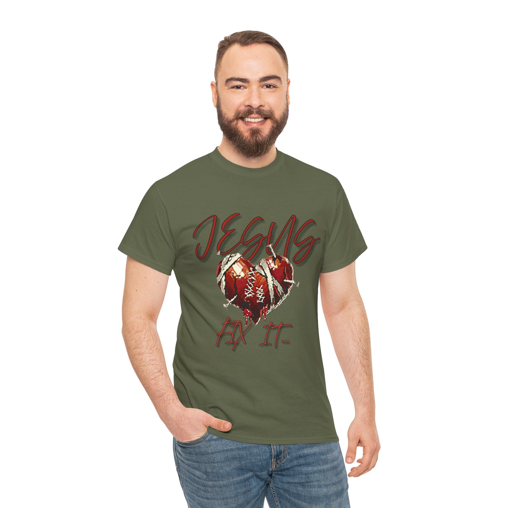 T‑Shirt — “Jesus Fix It” Heart & Football Graphic Tee