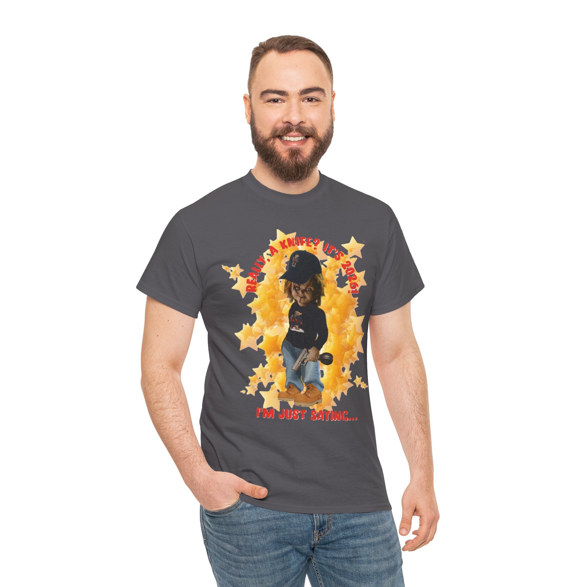 Bad Boy Collection  Graphic Tee — "Really, A Knife? It's Hot" Funny Vintage Doll Design