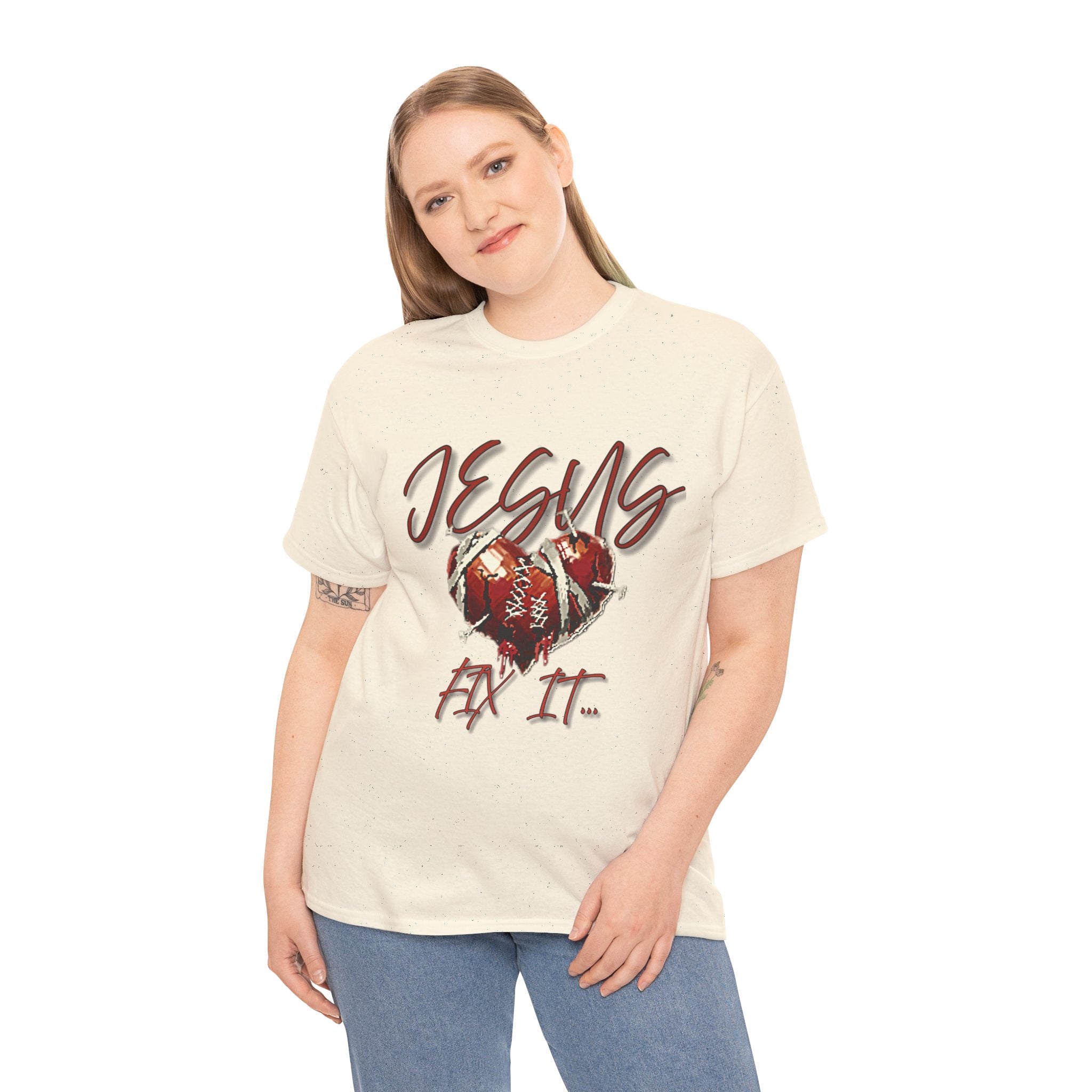T‑Shirt — “Jesus Fix It” Heart & Football Graphic Tee