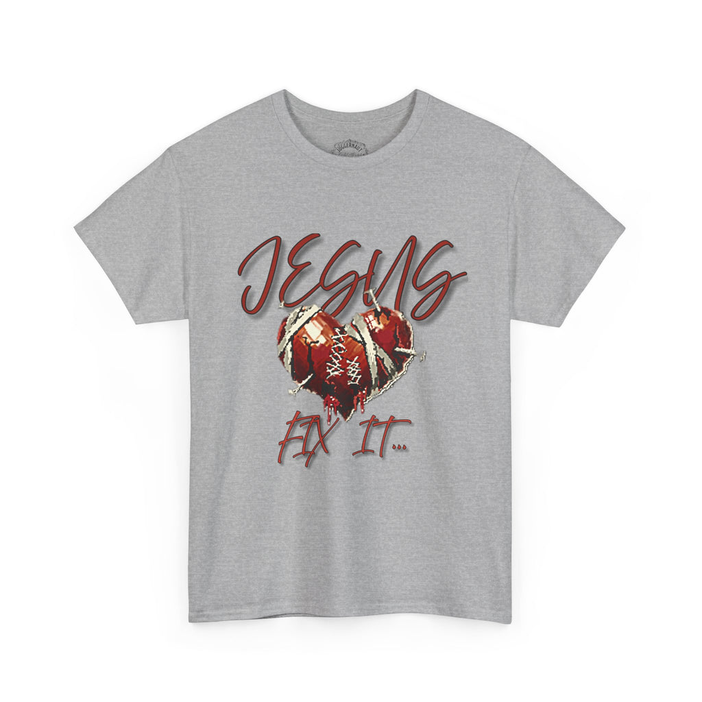 T‑Shirt — “Jesus Fix It” Heart & Football Graphic Tee