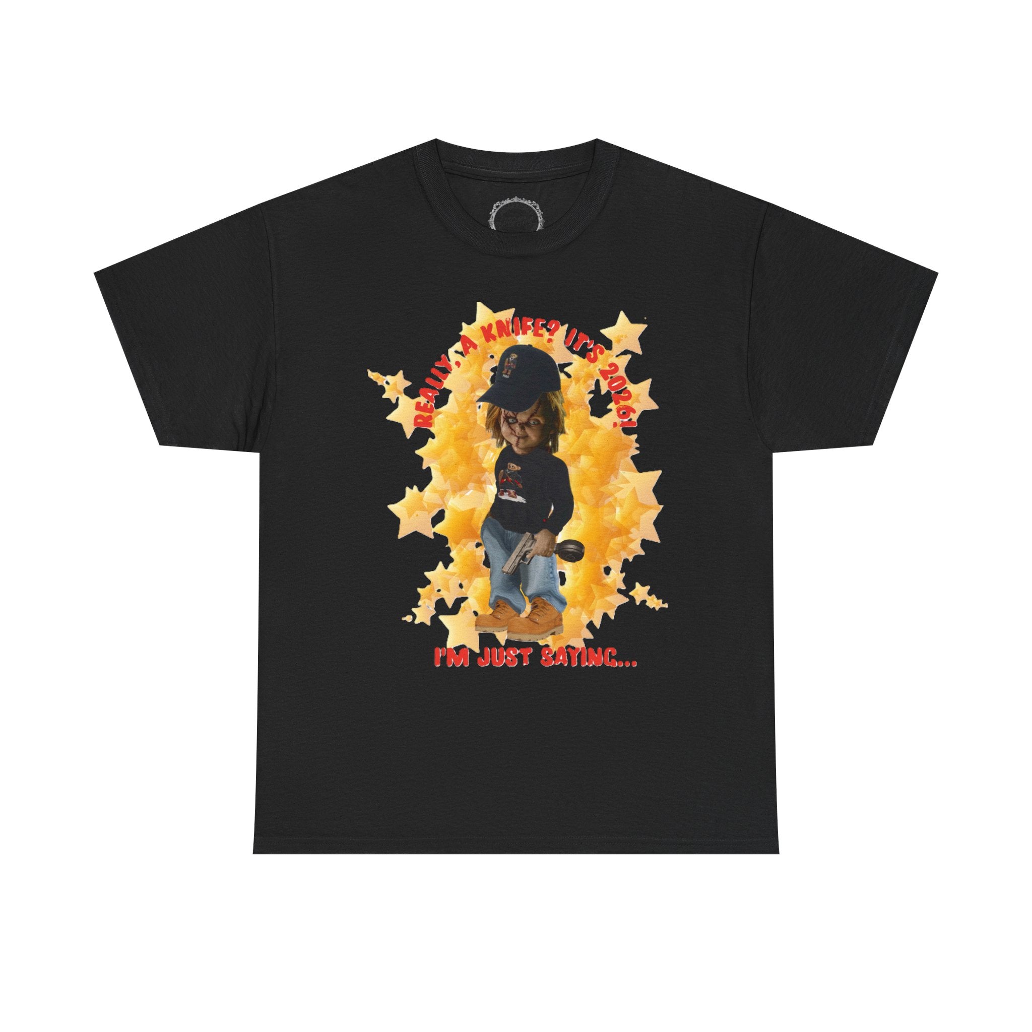 Bad Boy Collection  Graphic Tee — "Really, A Knife? It's Hot" Funny Vintage Doll Design
