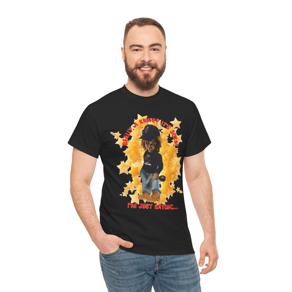 Bad Boy Collection  Graphic Tee — "Really, A Knife? It's Hot" Funny Vintage Doll Design