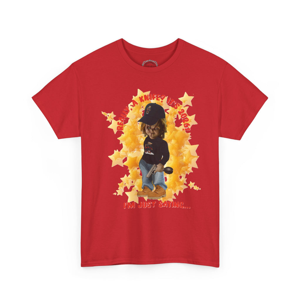 Bad Boy Collection  Graphic Tee — "Really, A Knife? It's Hot" Funny Vintage Doll Design