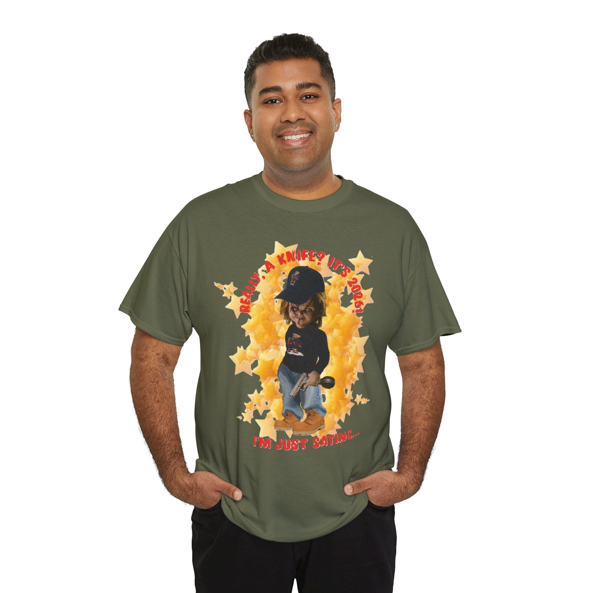 Bad Boy Collection  Graphic Tee — "Really, A Knife? It's Hot" Funny Vintage Doll Design