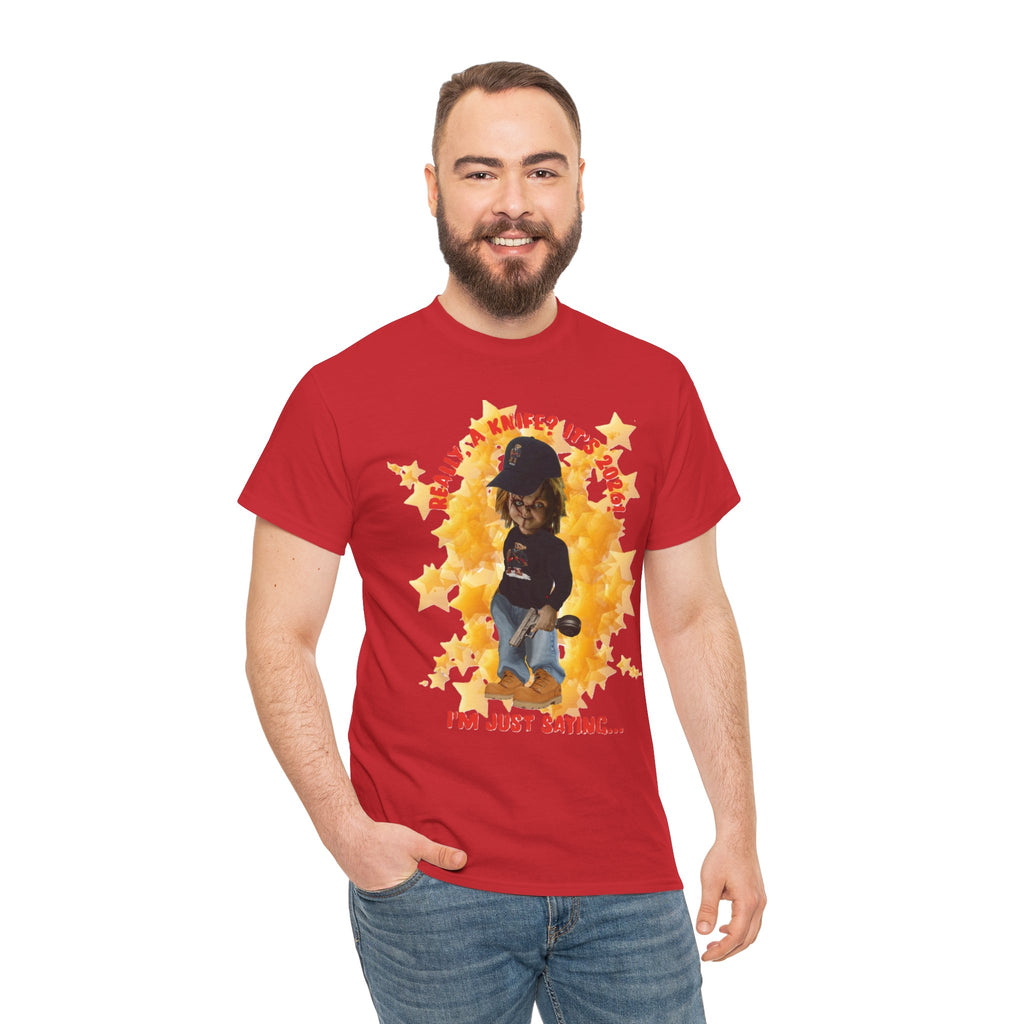 Bad Boy Collection  Graphic Tee — "Really, A Knife? It's Hot" Funny Vintage Doll Design