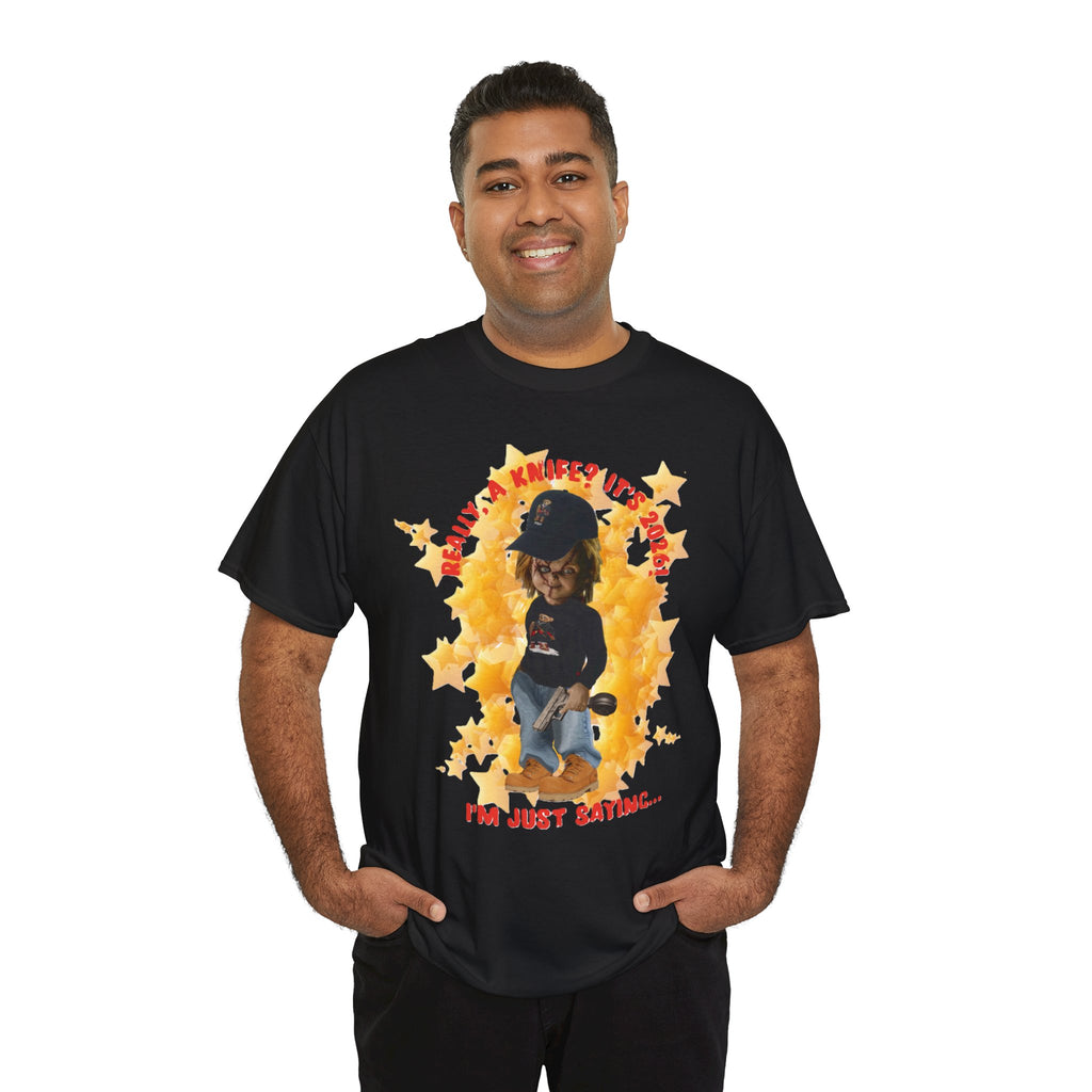 Bad Boy Collection  Graphic Tee — "Really, A Knife? It's Hot" Funny Vintage Doll Design