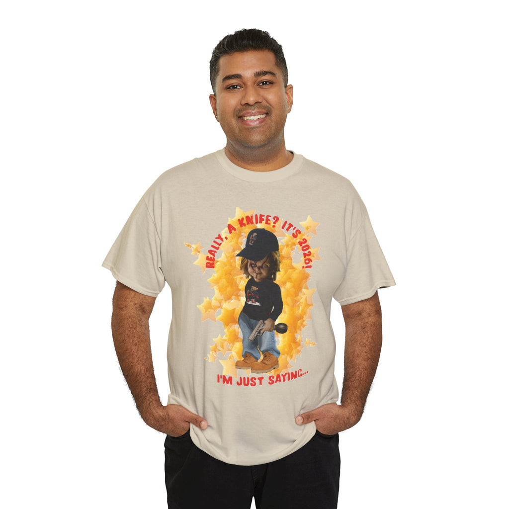 Bad Boy Collection  Graphic Tee — "Really, A Knife? It's Hot" Funny Vintage Doll Design