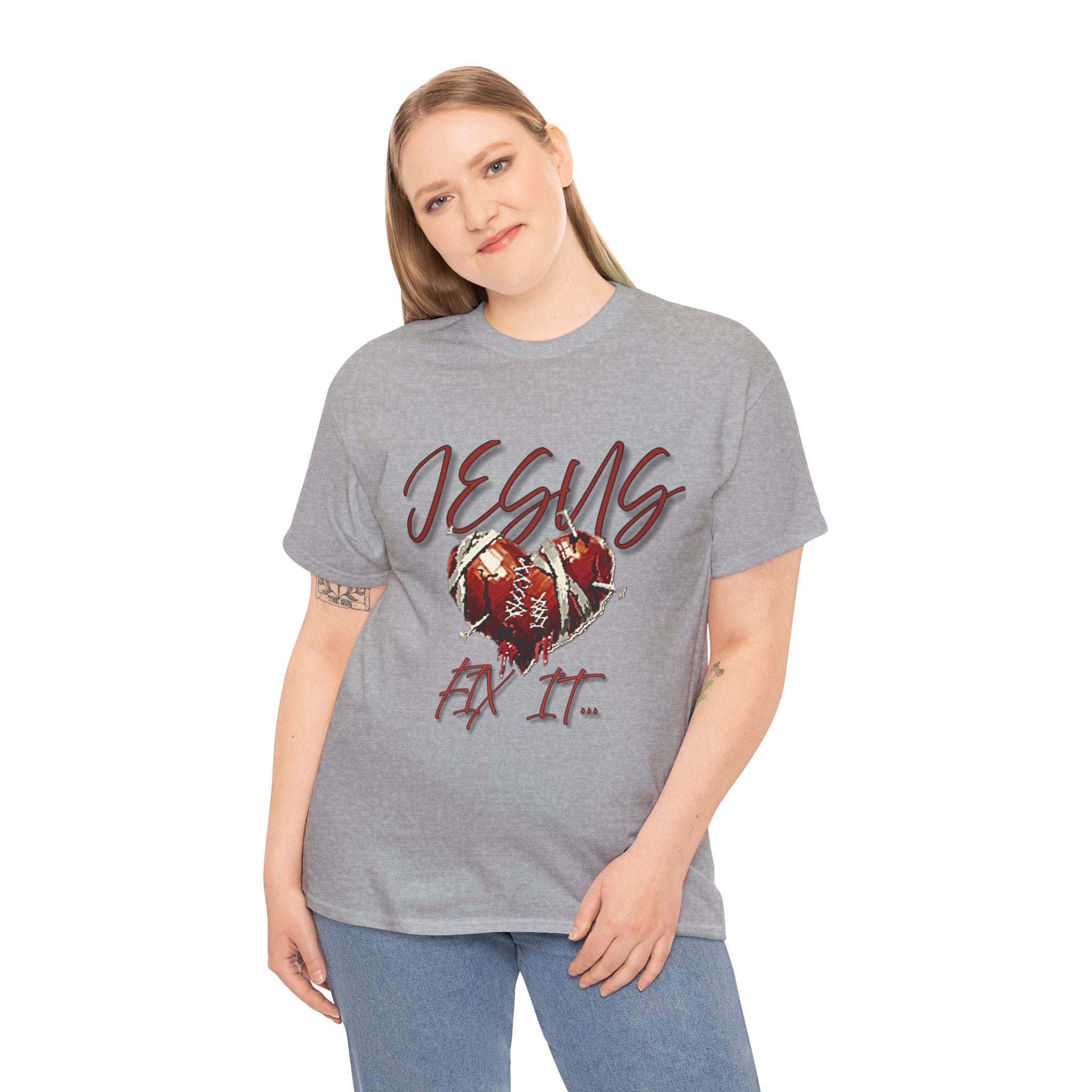 T‑Shirt — “Jesus Fix It” Heart & Football Graphic Tee