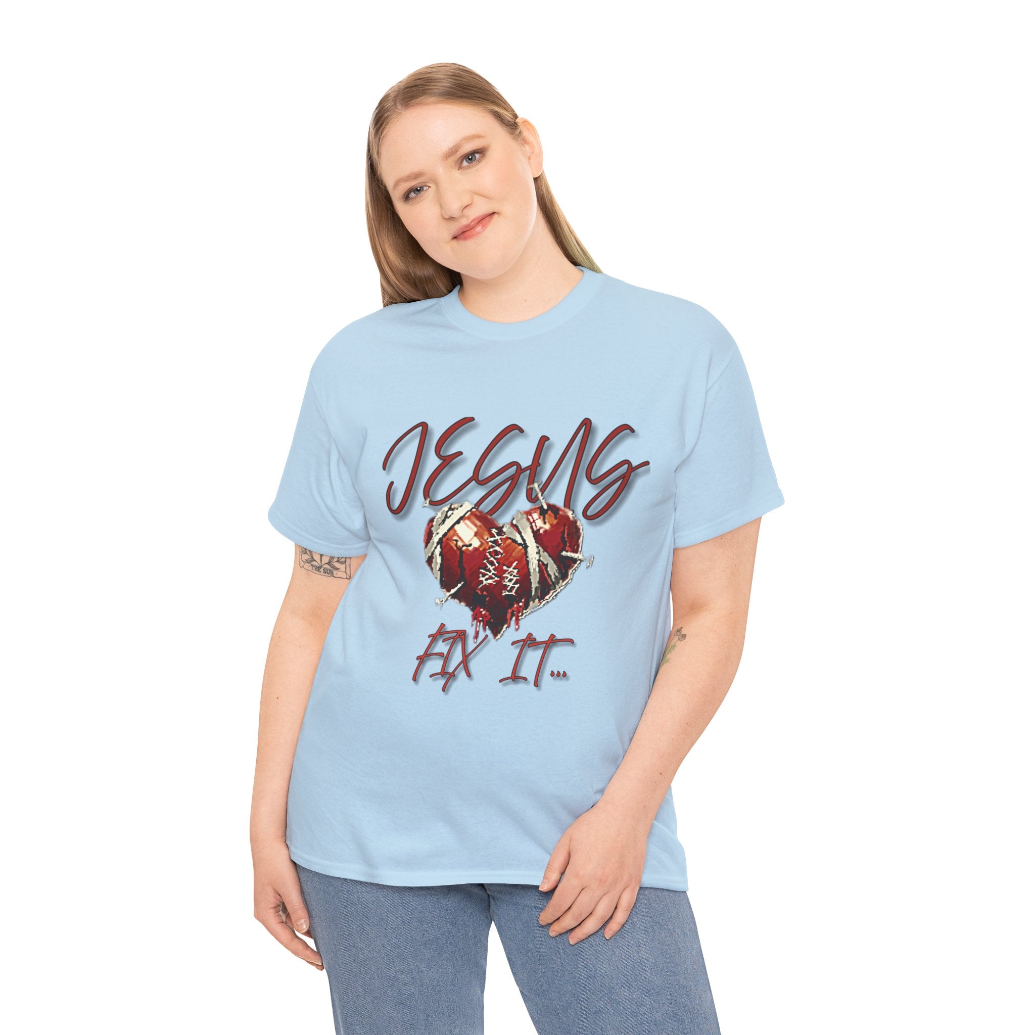 T‑Shirt — “Jesus Fix It” Heart & Football Graphic Tee