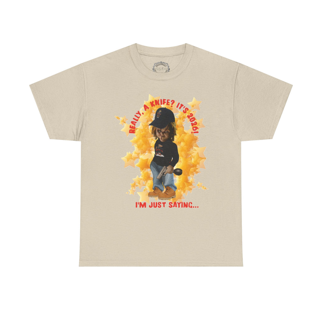 Bad Boy Collection  Graphic Tee — "Really, A Knife? It's Hot" Funny Vintage Doll Design