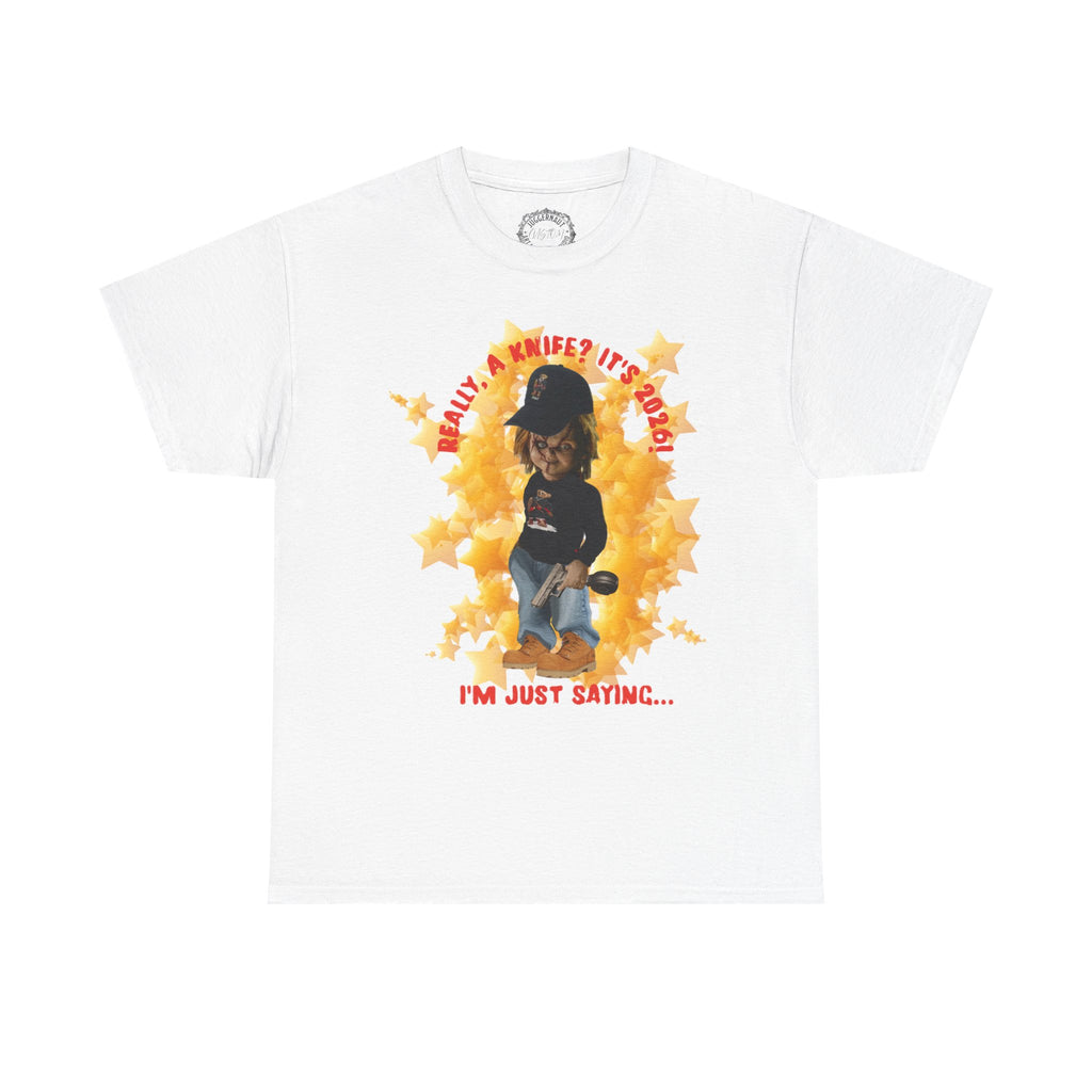 Bad Boy Collection  Graphic Tee — "Really, A Knife? It's Hot" Funny Vintage Doll Design