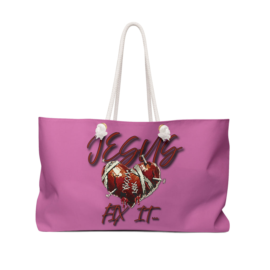 Weekender Bag — "Jesus Fix It" Pink Heart Devotional Travel Tote