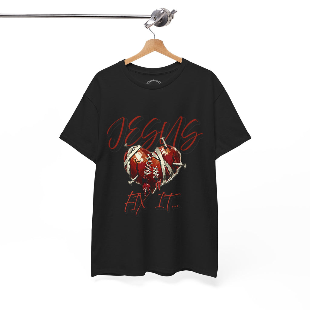 T‑Shirt — “Jesus Fix It” Heart & Football Graphic Tee