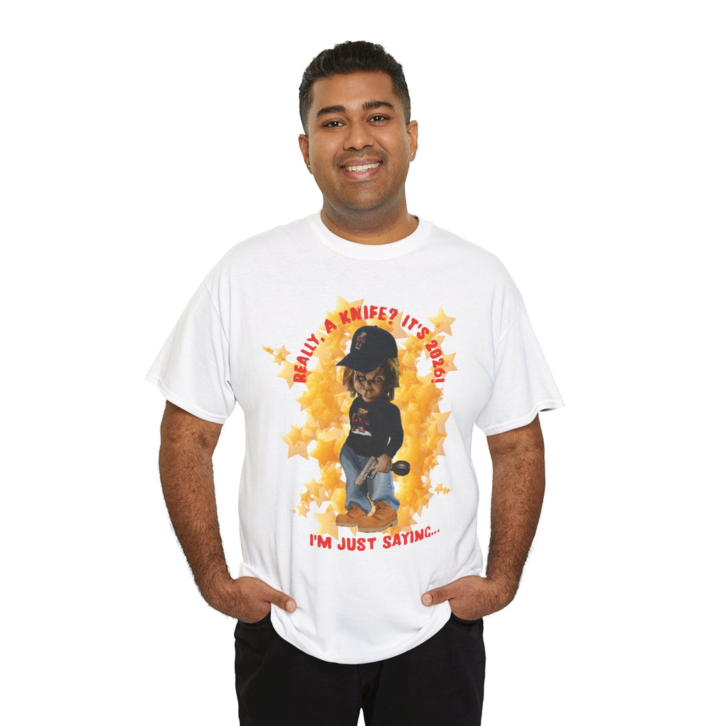 Bad Boy Collection  Graphic Tee — "Really, A Knife? It's Hot" Funny Vintage Doll Design