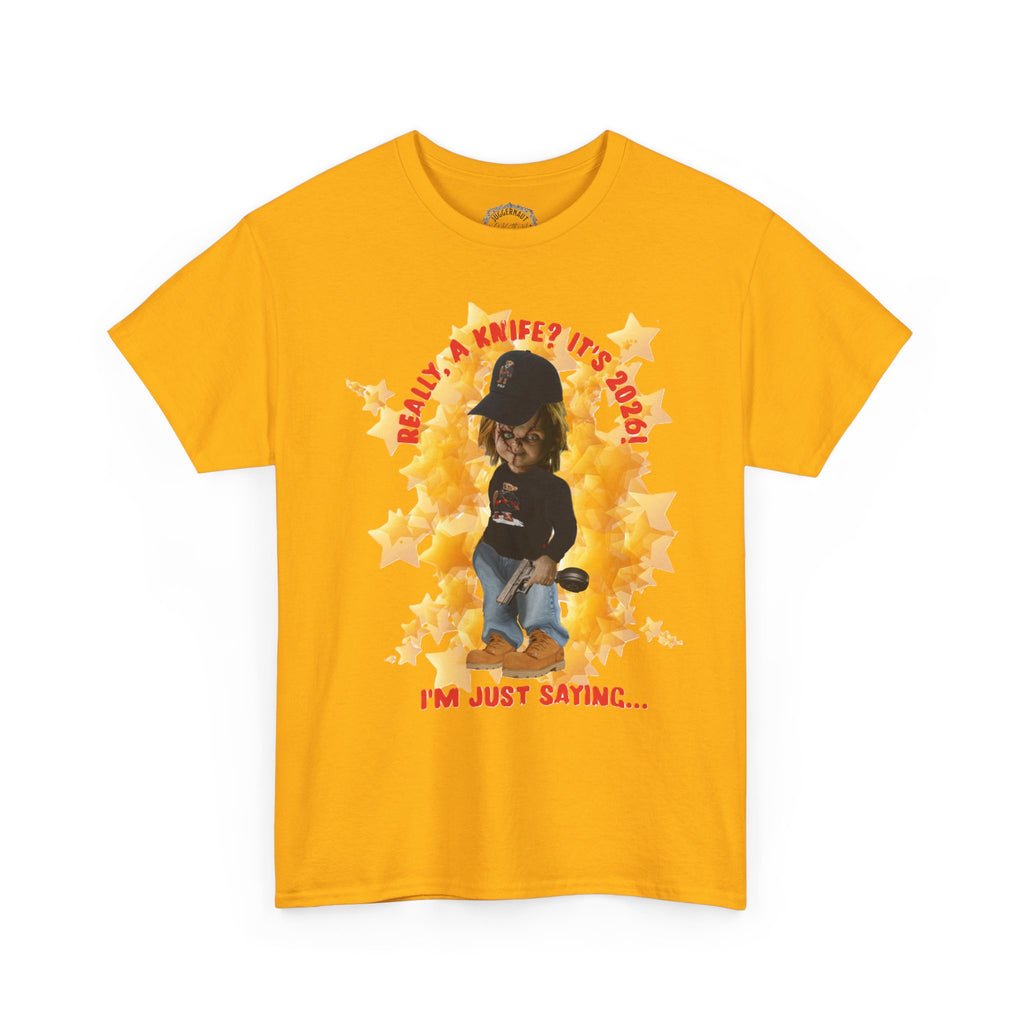 Bad Boy Collection  Graphic Tee — "Really, A Knife? It's Hot" Funny Vintage Doll Design