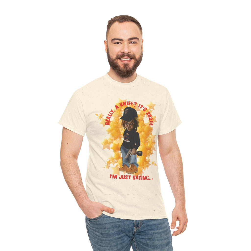 Bad Boy Collection  Graphic Tee — "Really, A Knife? It's Hot" Funny Vintage Doll Design