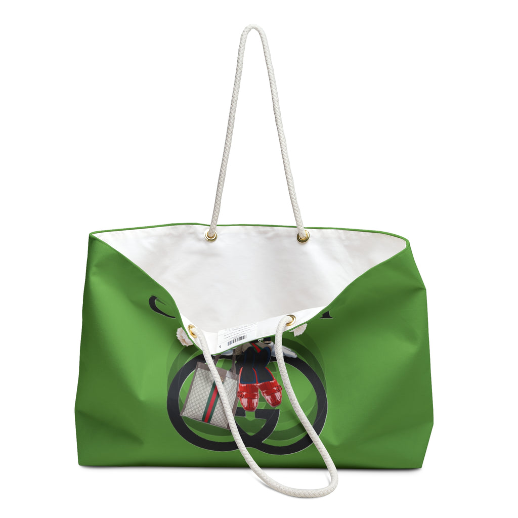 Gucci-Inspired Green Weekender Bag with Fashion Character Graphic