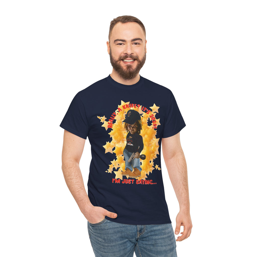 Bad Boy Collection  Graphic Tee — "Really, A Knife? It's Hot" Funny Vintage Doll Design