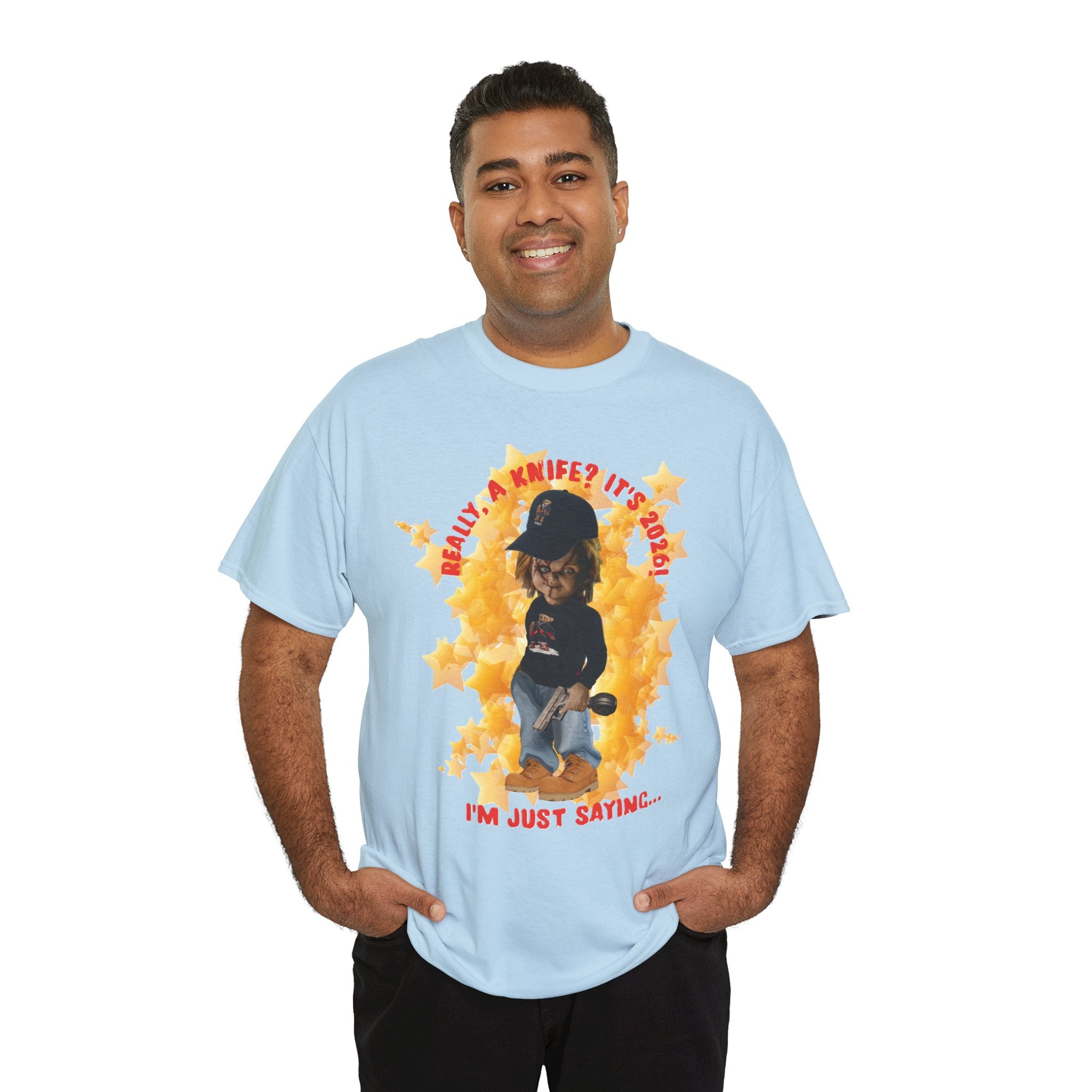 Bad Boy Collection  Graphic Tee — "Really, A Knife? It's Hot" Funny Vintage Doll Design